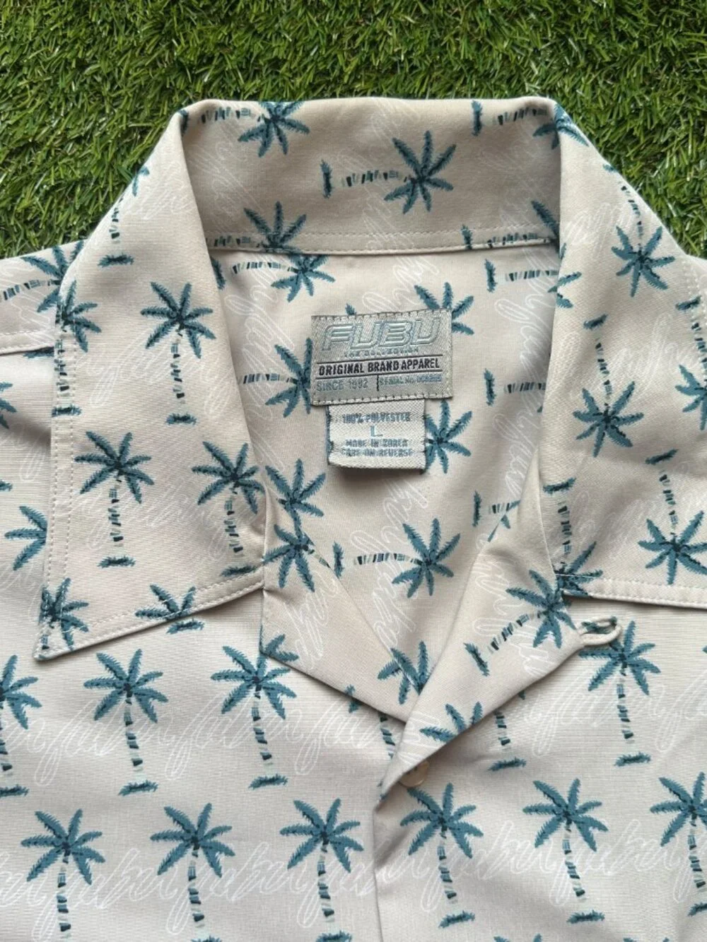 Vintage Y2K FUBU Men's XL Beige Palm Tree Shirt Tropical Vacation Button-Up